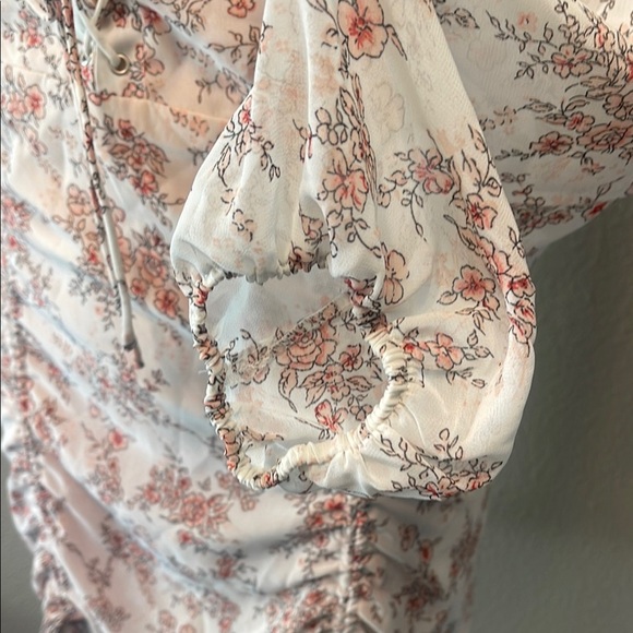 Miss Lola Floral Ruched Long Sleeve Dress - White and Pink - Picture 8 of 12